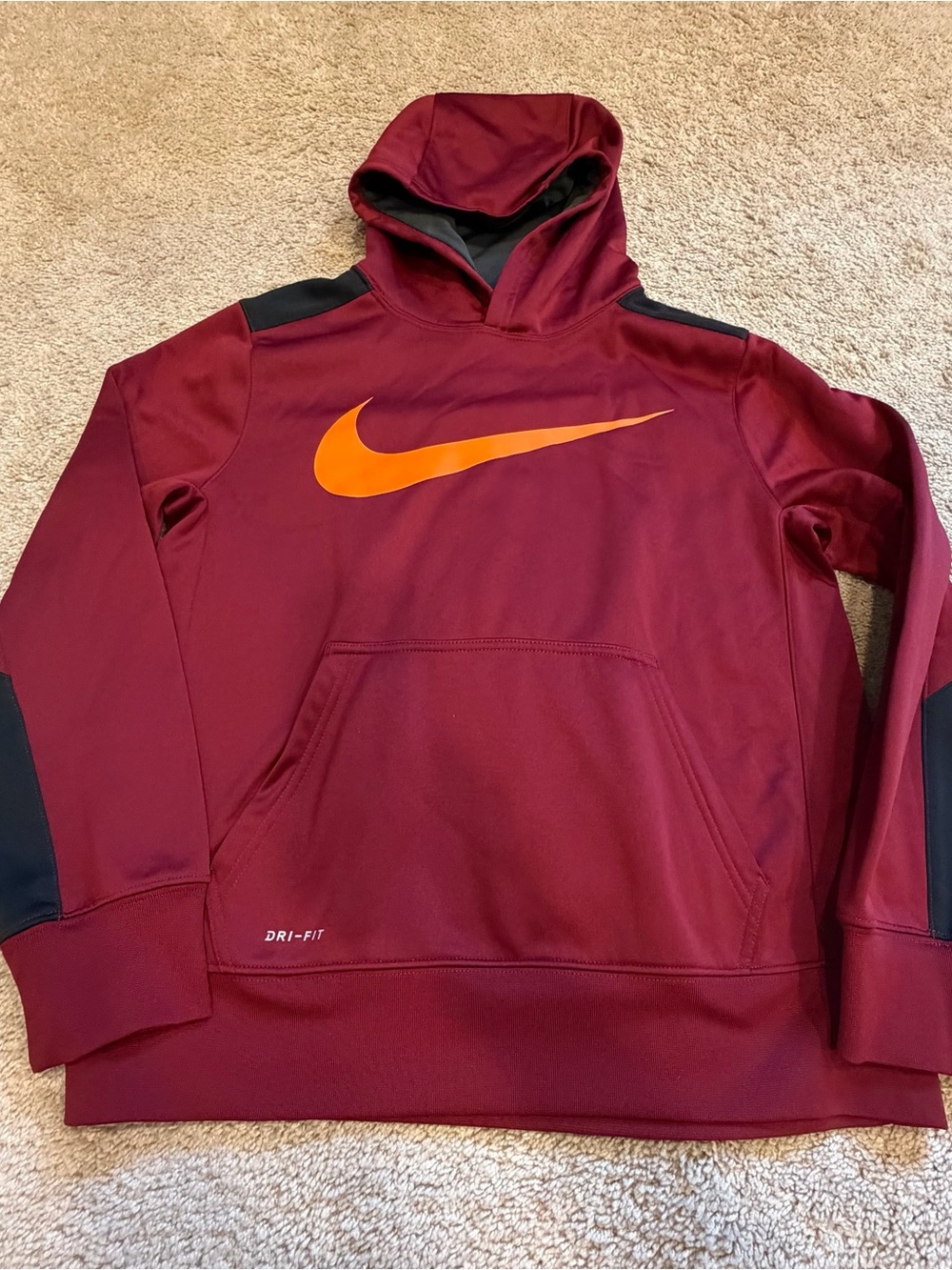 Nike Kids Maroon Dri-FIT Pullover Hoodie with Orange Swoosh